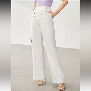 High Waist White Wide Leg Sailor Dress Pants Brass Buttons XS